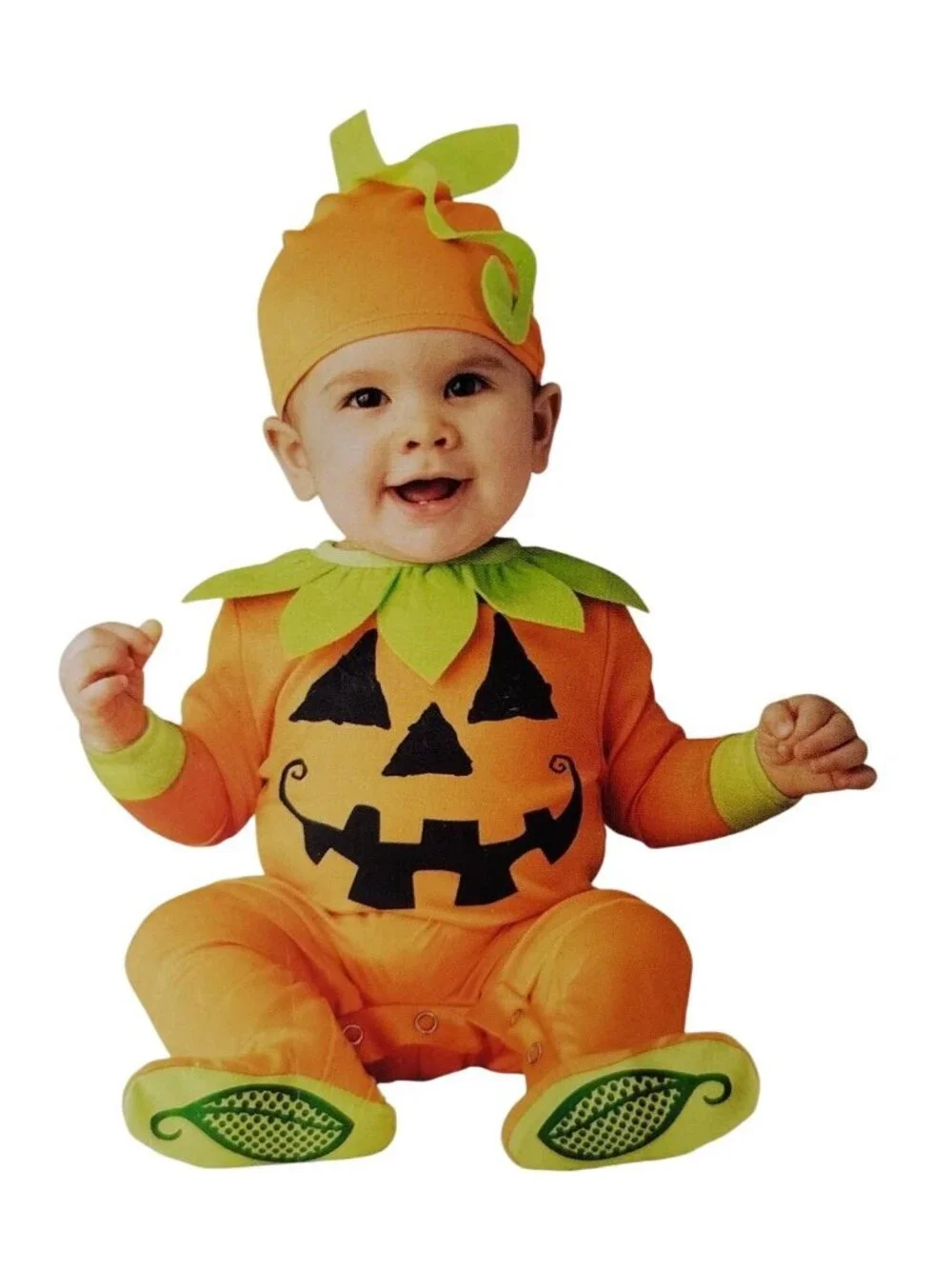 Infant 0 to 6 Months Pumpkin Jack-O-Lantern Jumpsuit and Cap Halloween Costume